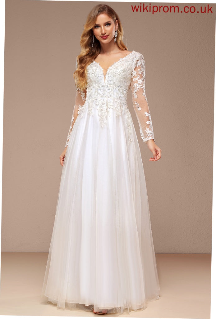 Tulle Sequins A-Line With Wedding Lily Floor-Length Wedding Dresses Beading V-neck Dress Lace