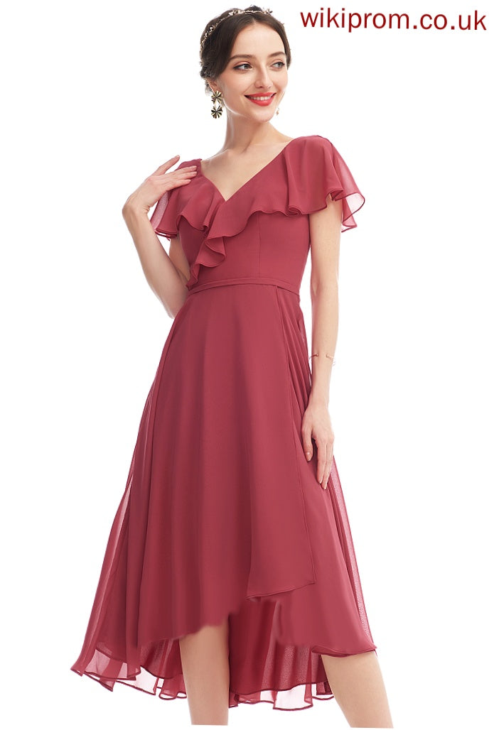 A-Line Prudence Ruffle Asymmetrical Cocktail Chiffon V-neck Dress With Cocktail Dresses