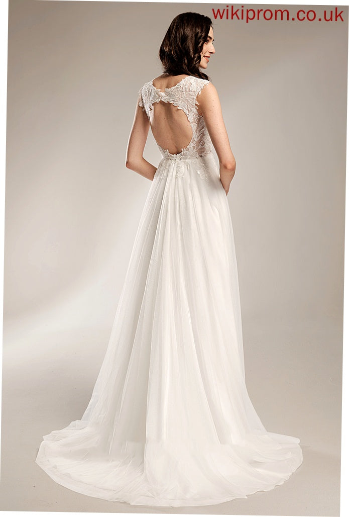 With Sequins Wedding Dresses V-neck Train Pat Tulle Dress A-Line Lace Wedding Court