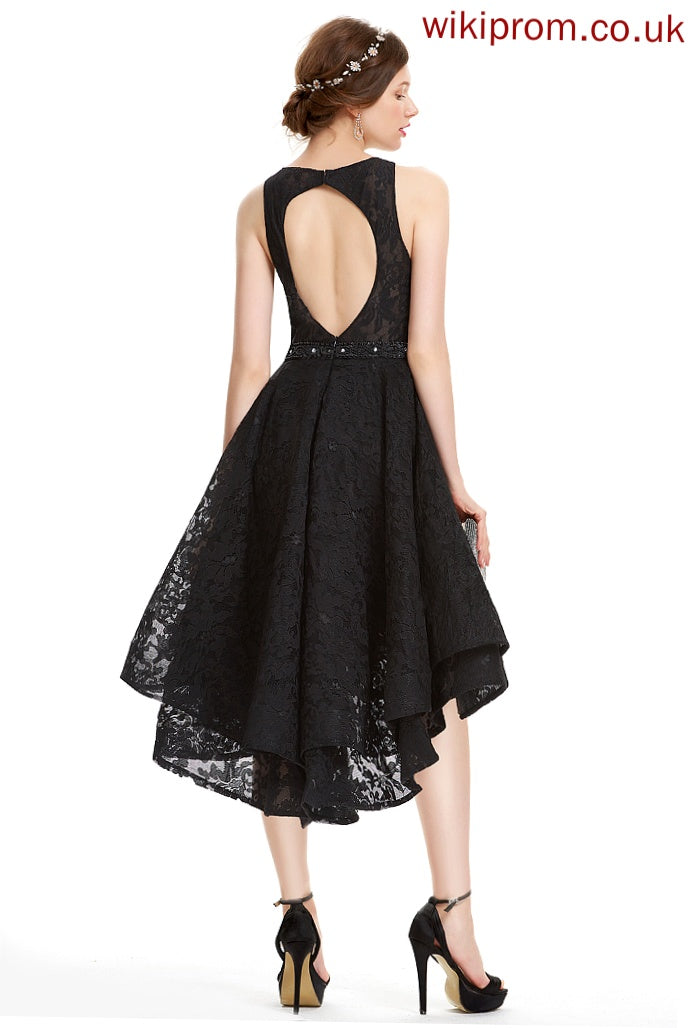 A-Line Asymmetrical Scoop Lace Kimora Beading Lace Homecoming Dresses Neck With Homecoming Dress