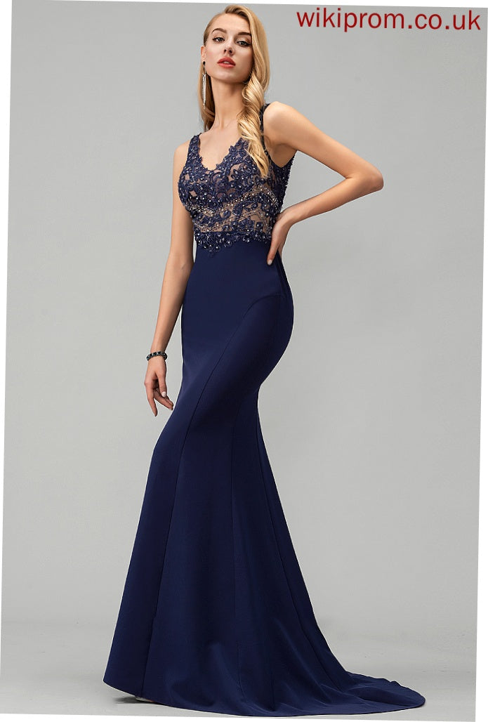 Crepe Stretch Sweep Trumpet/Mermaid Beading With V-neck Jacey Train Prom Dresses Sequins