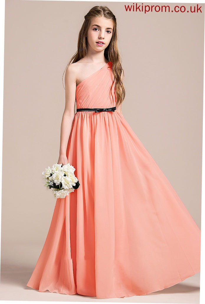 Junior Bridesmaid Dresses With Floor-Length A-Line Chiffon Morgan Ruffle One-Shoulder Bow(s)