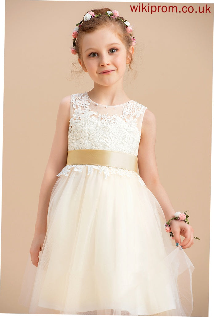 '- A-Line Flower Girl Dresses Girl Sash/Beading/Back Neck Eve With Scoop Dress (Detachable sash) Hole Tulle/Lace Flower Sleeveless Knee-length