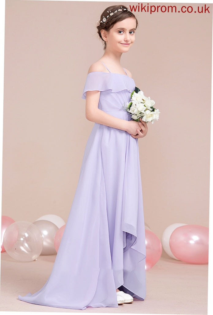 With Ruffles Off-the-Shoulder Cascading Chiffon A-Line Junior Bridesmaid Dresses Asymmetrical Teagan