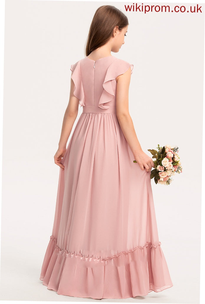 Floor-Length Bow(s) Katharine Cascading A-Line With Chiffon Neck Junior Bridesmaid Dresses Ruffles Scoop