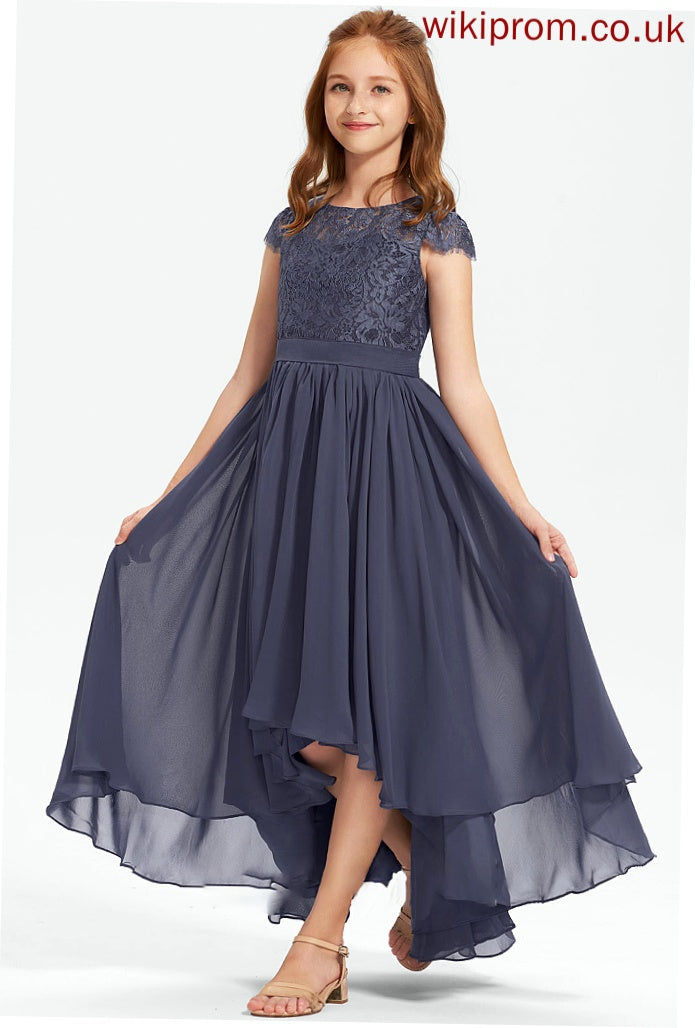 Lace Viviana Chiffon Neck Scoop Asymmetrical Junior Bridesmaid Dresses A-Line