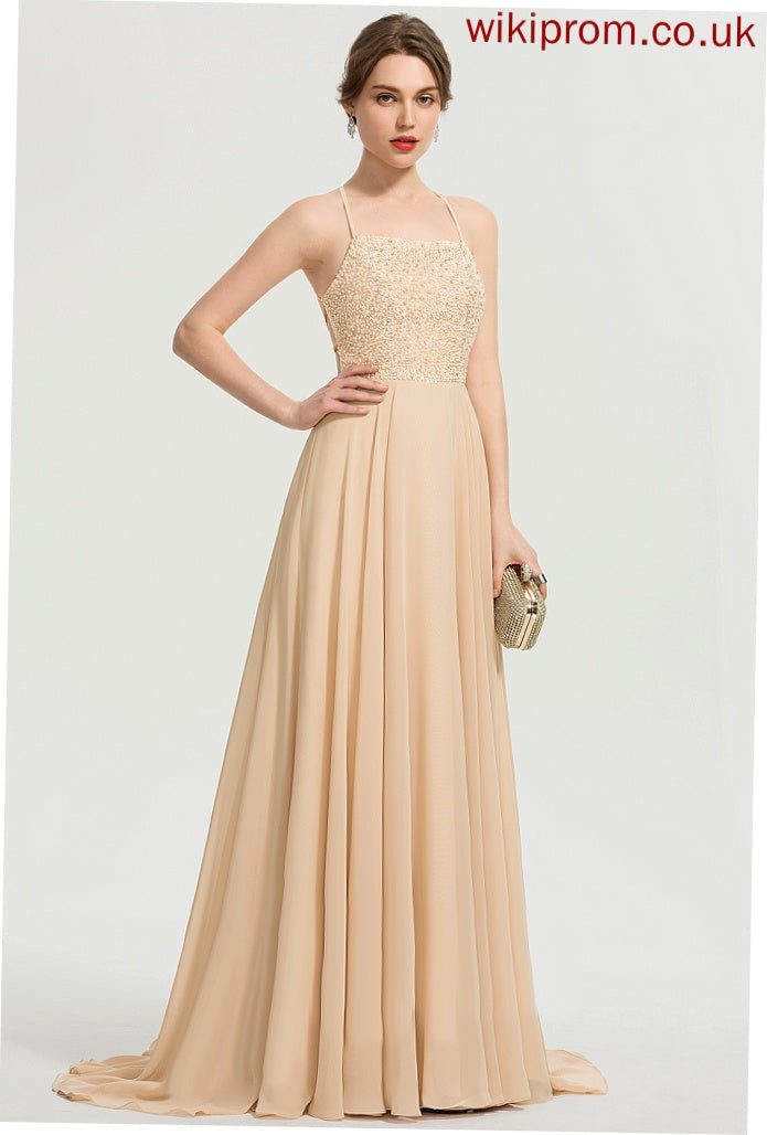 Square Train Sequins With Chiffon A-Line Gabrielle Beading Sweep Prom Dresses