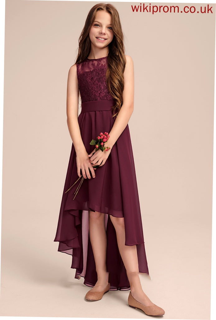 Bow(s) Scoop Lace A-Line Chelsea Junior Bridesmaid Dresses With Neck Asymmetrical Chiffon