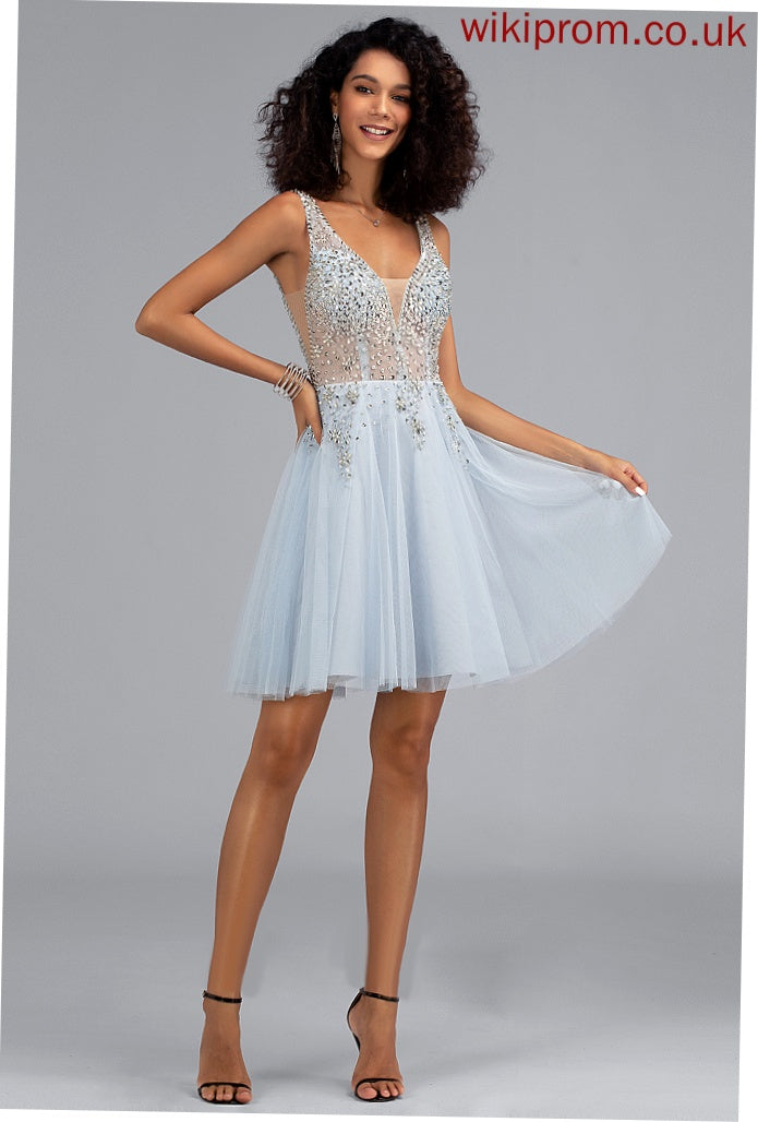 Jess Homecoming Dress Sequins Short/Mini Tulle V-neck With Beading A-Line Homecoming Dresses