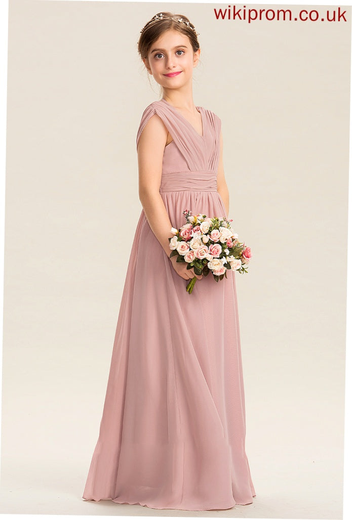 Junior Bridesmaid Dresses Floor-Length Chiffon With Bow(s) A-Line Mavis Ruffle V-neck