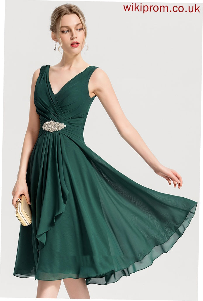 Knee-Length Kelsey A-Line With V-neck Chiffon Ruffles Cocktail Cascading Dress Beading Cocktail Dresses