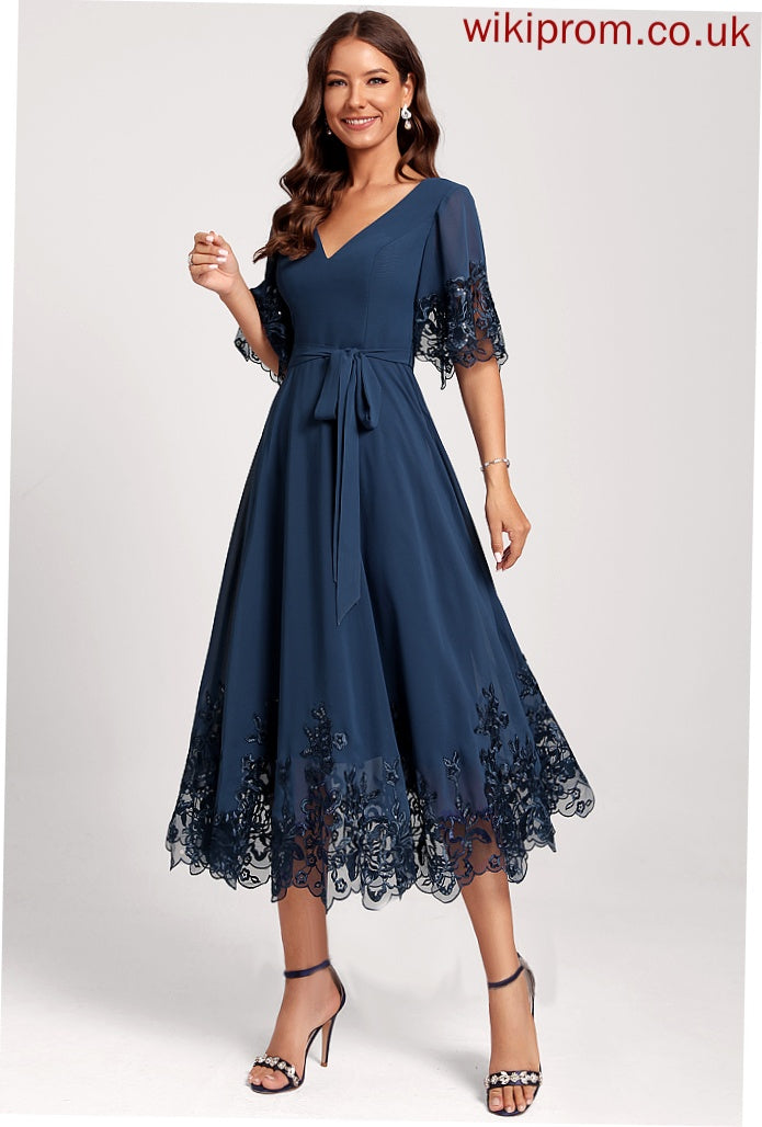 Novia Lace Club Dresses With Tea-Length Chiffon Cocktail A-Line Dress V-neck Sequins