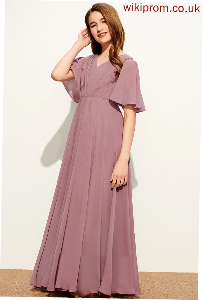 A-Line Ruffle With Chiffon Floor-Length V-neck Junior Bridesmaid Dresses Kara