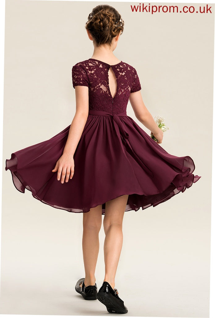 Bow(s) With Neck A-Line Scoop Junior Bridesmaid Dresses Lilianna Lace Chiffon Knee-Length