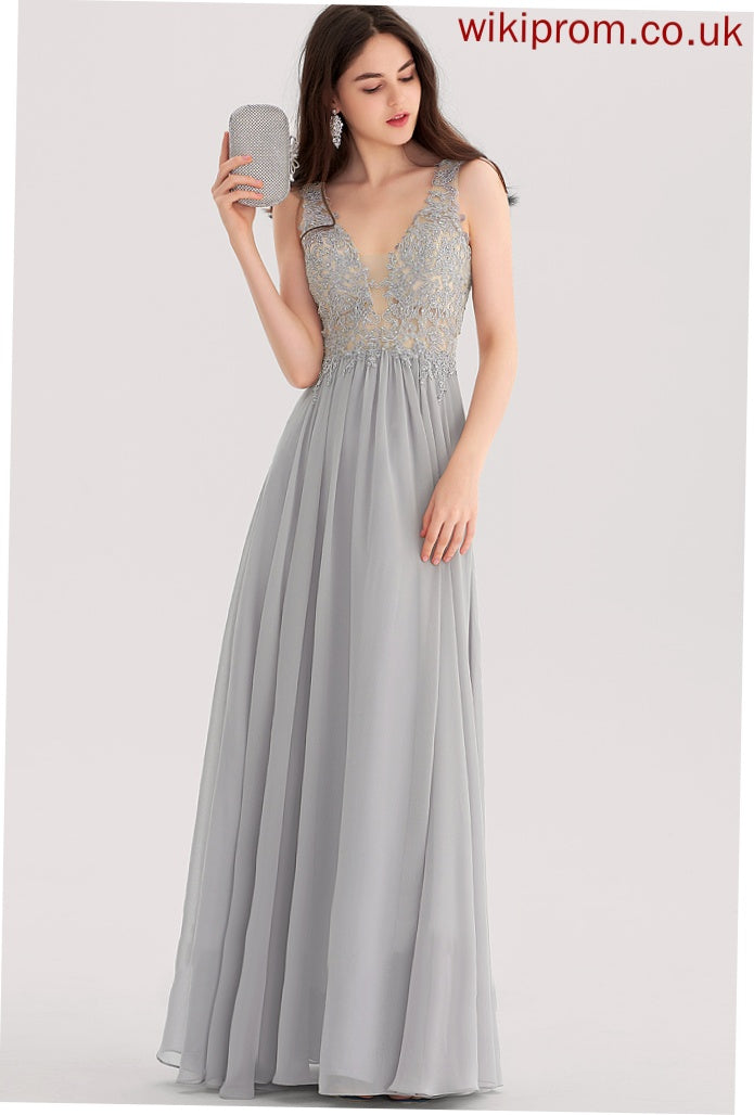 A-Line Rhinestone Abbey V-neck With Lace Chiffon Floor-Length Prom Dresses