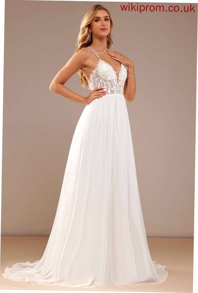 Sequins Wedding Sweep Train Dress V-neck Chiffon Beading With A-Line Wedding Dresses Lace Leanna