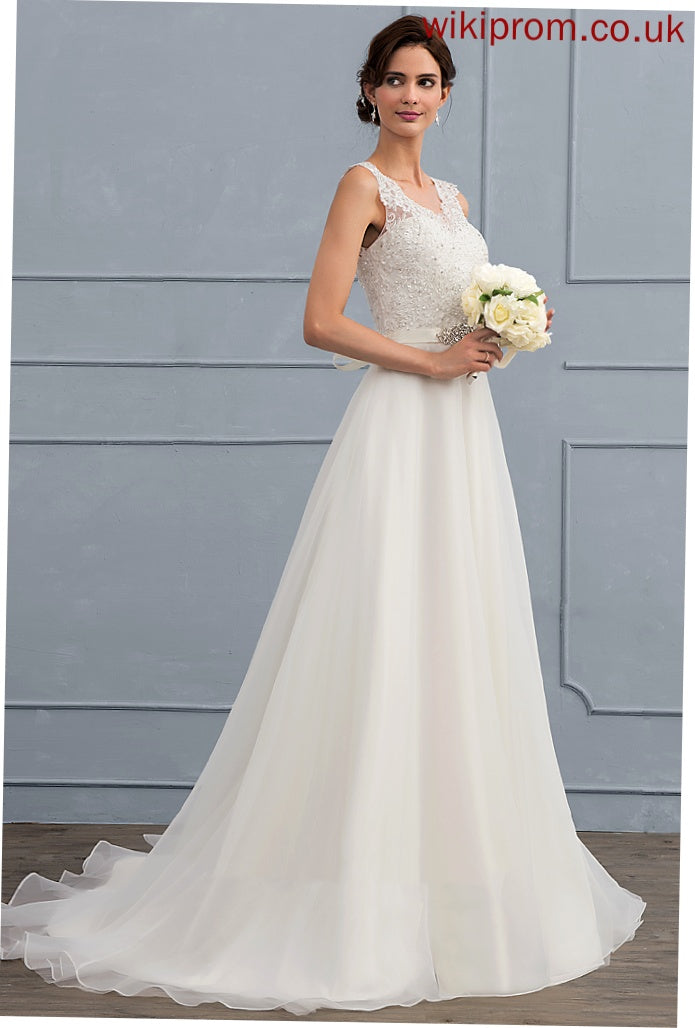 With Abigail Lace Train Dress Wedding Beading Wedding Dresses Sweep Bow(s) A-Line V-neck Organza