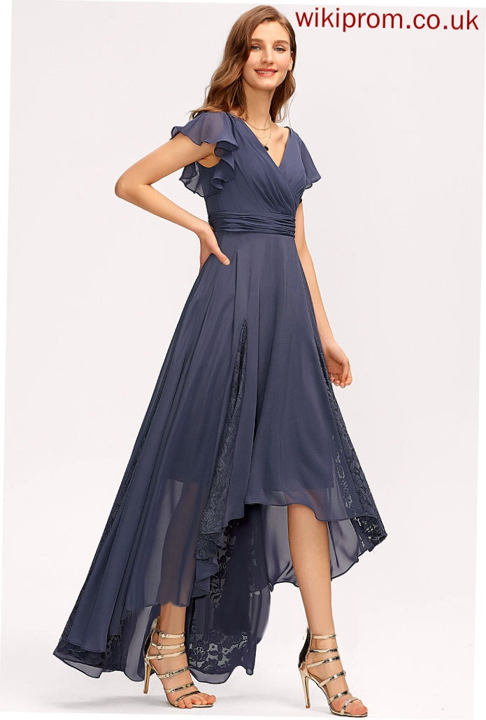 Silhouette Ruffle Fabric Asymmetrical Neckline Embellishment Length A-Line V-neck Marisa Bridesmaid Dresses