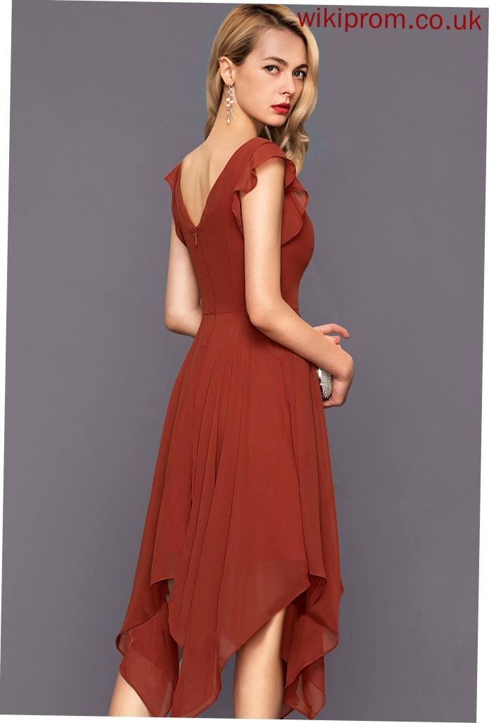 A-Line Holly V-neck With Ruffles Asymmetrical Cascading Cocktail Dresses Dress Chiffon Cocktail