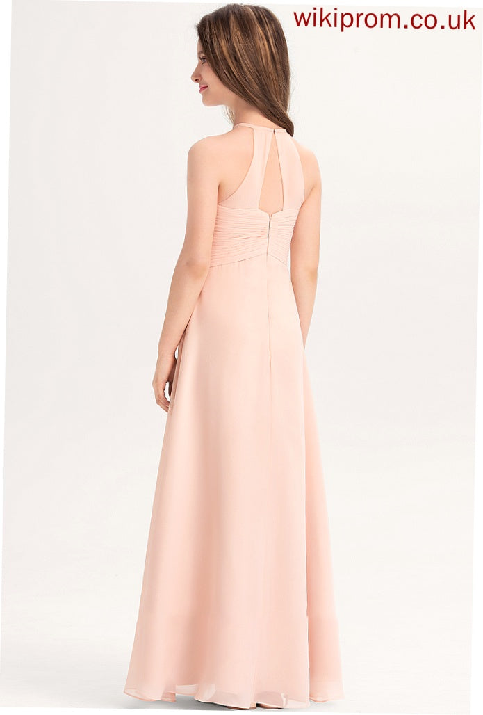 With A-Line Floor-Length Junior Bridesmaid Dresses Ruffle Neck Chiffon Scoop Kenley