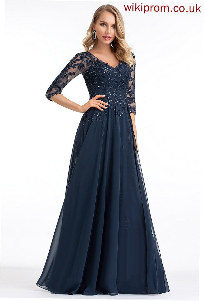 With Lace Sequins Prom Dresses Floor-Length A-Line Litzy V-neck Chiffon