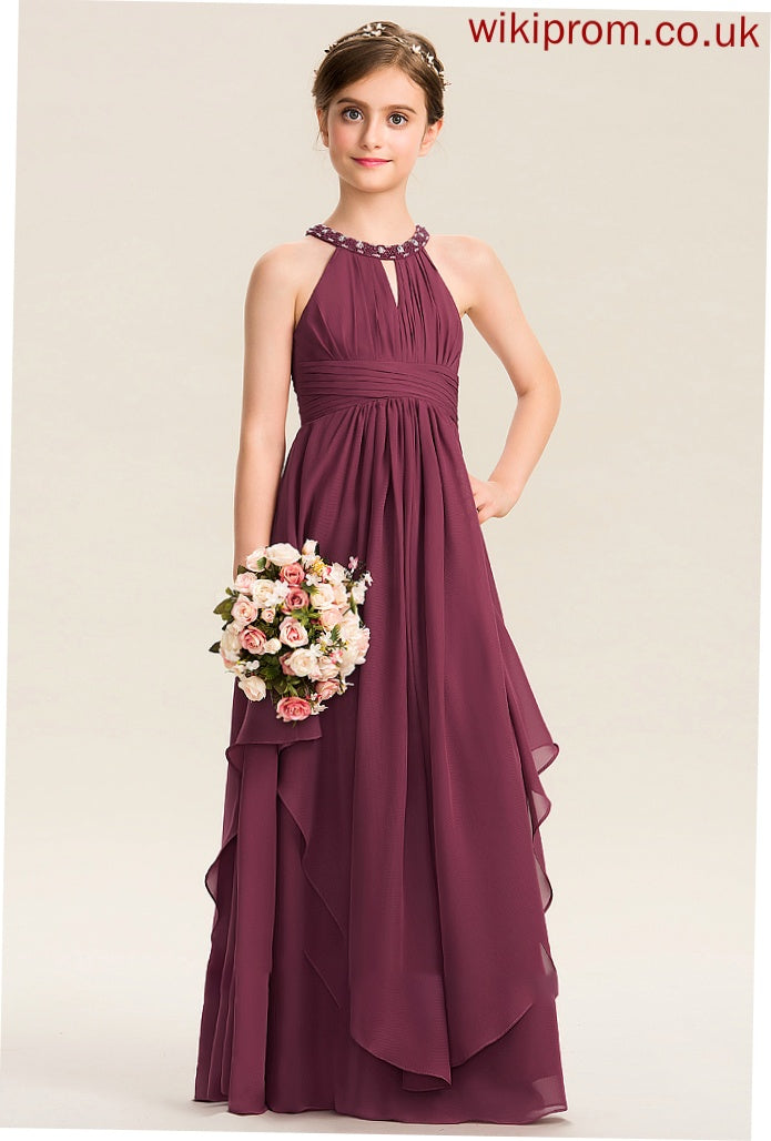 Junior Bridesmaid Dresses Beading Floor-Length Chiffon Sharon Neck A-Line Scoop Ruffle With