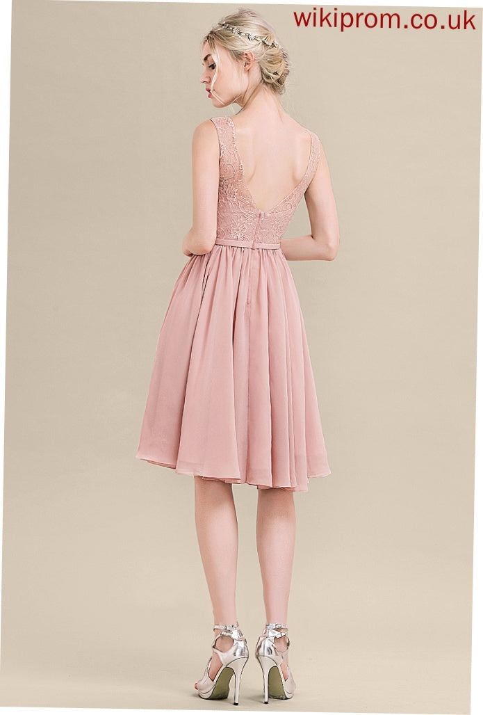 Lace Chiffon A-Line Yadira Homecoming Knee-Length Bow(s) Dress Lace V-neck Homecoming Dresses With