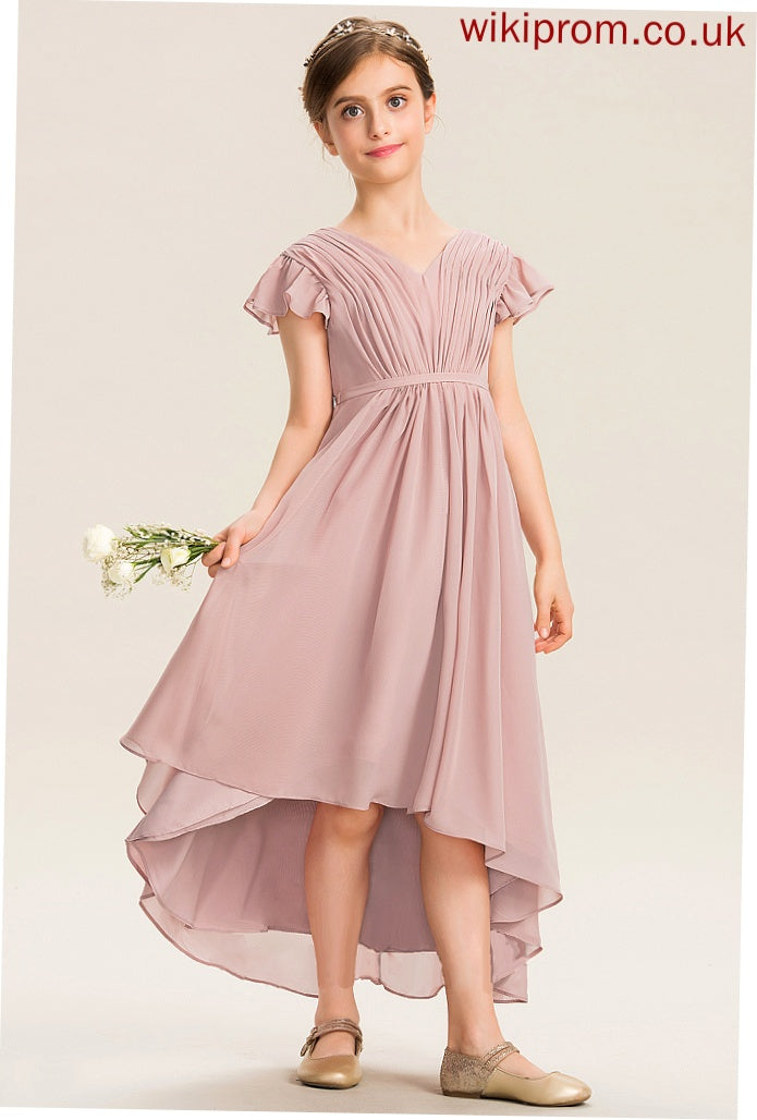 Asymmetrical Ruffles Bow(s) With Junior Bridesmaid Dresses Regina V-neck Cascading Chiffon A-Line