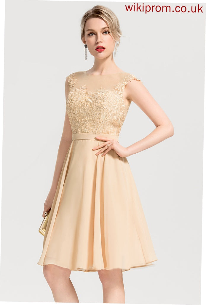 Neck Knee-Length Chiffon Cocktail Dresses Lace Scoop Appliques Cocktail Dress With Lace Diamond A-Line