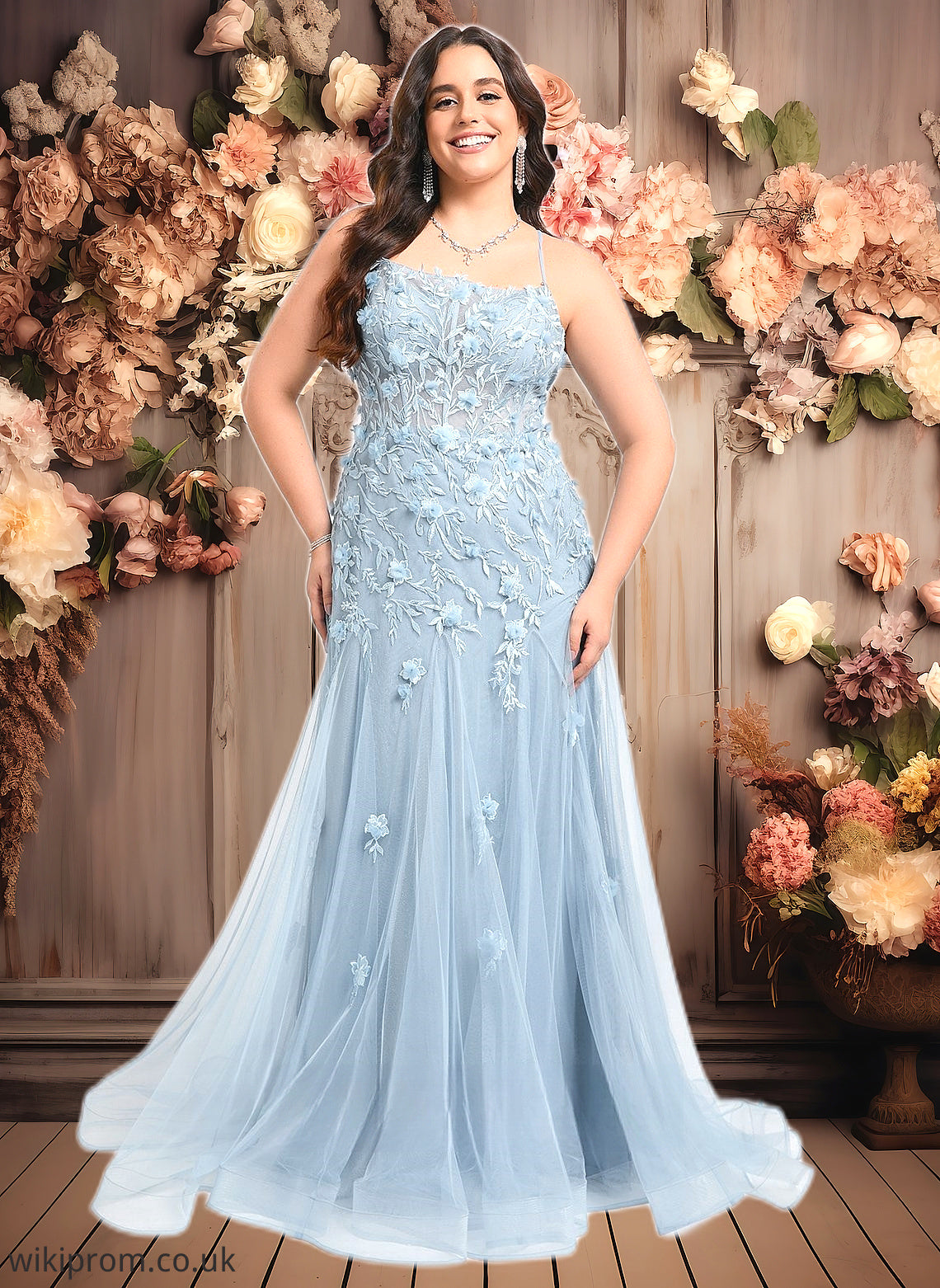 Britney Trumpet/Mermaid Straight Sweep Train Tulle Prom Dresses With Flower SWKP0025866