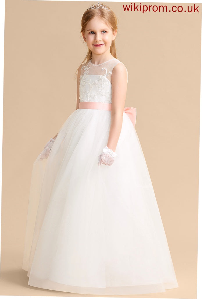 Floor-length Ivy sash) Dress A-Line Sleeveless Flower Satin/Tulle/Lace With Girl (Undetachable Scoop Bow(s) Neck Flower Girl Dresses -