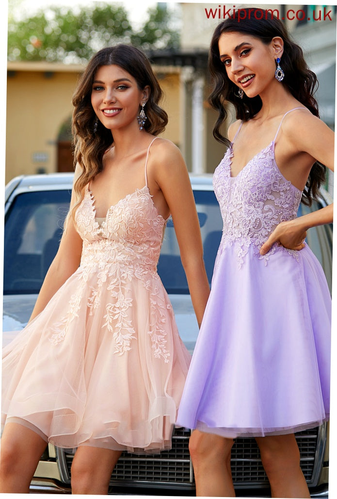 Tulle Homecoming Beading Dress With Homecoming Dresses A-Line Setlla Short/Mini Lace V-neck