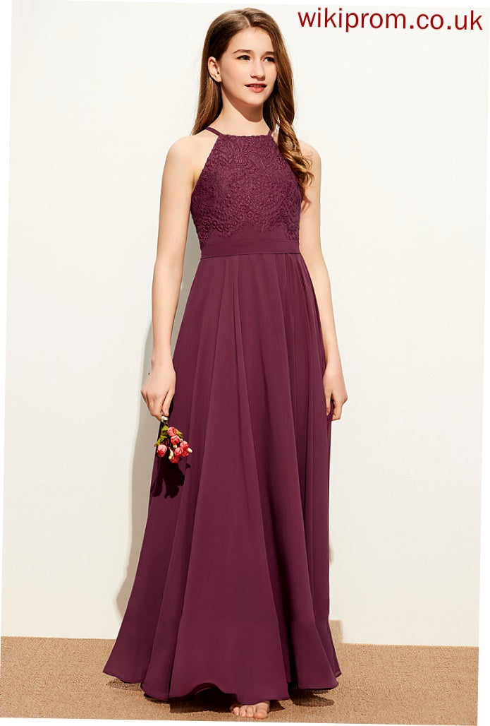 Square Lace Junior Bridesmaid Dresses Chiffon A-Line Floor-Length Neckline Cristal