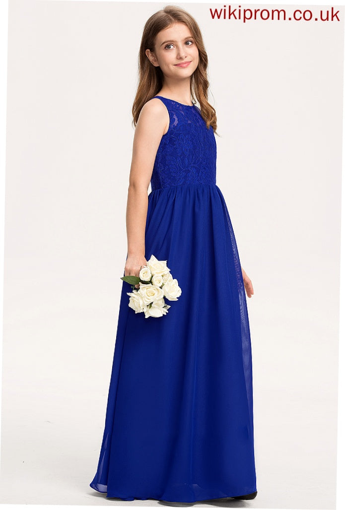 A-Line Scoop Neck Junior Bridesmaid Dresses Diya Floor-Length Lace Chiffon