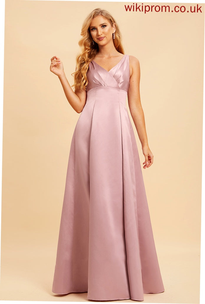 Fabric Satin V-neck Straps A-Line Neckline Silhouette Length Floor-Length Cecelia Sleeveless A-Line/Princess Bridesmaid Dresses