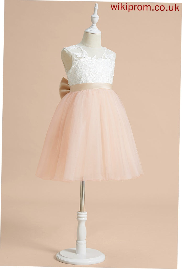 A-Line With Raquel Scoop - Bow(s) Knee-length Sleeveless Tulle/Lace Dress Flower Girl Dresses Flower Girl Neck