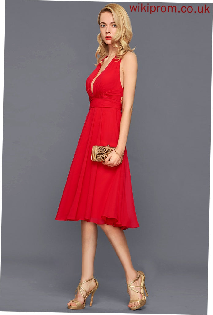 Ruffle Knee-Length V-neck Amirah Chiffon Cocktail Dress A-Line Cocktail Dresses With Bow(s)