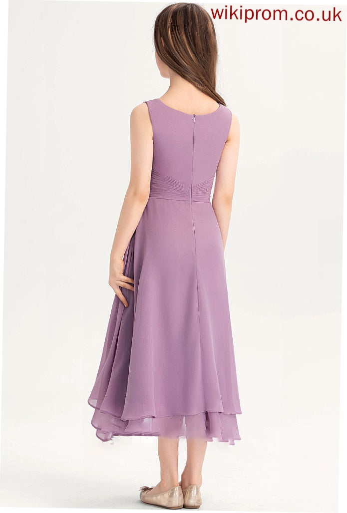 Ruffle Junior Bridesmaid Dresses Scoop A-Line With Joanna Chiffon Tea-Length Neck