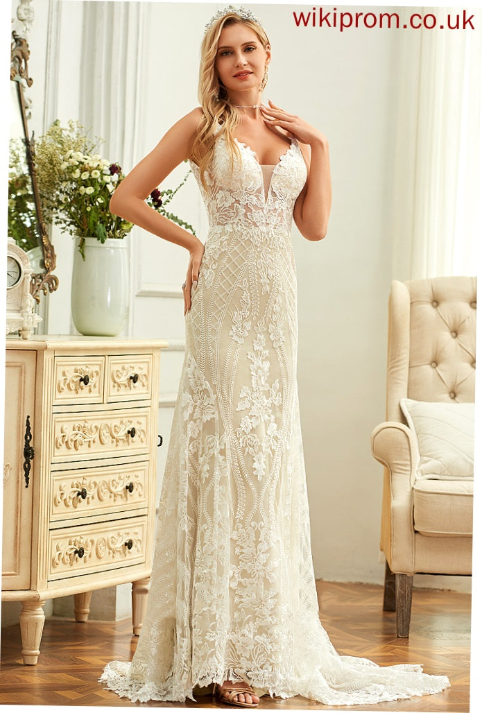 V-neck Trumpet/Mermaid Wedding Chapel Lace Geraldine Tulle Wedding Dresses Train Dress