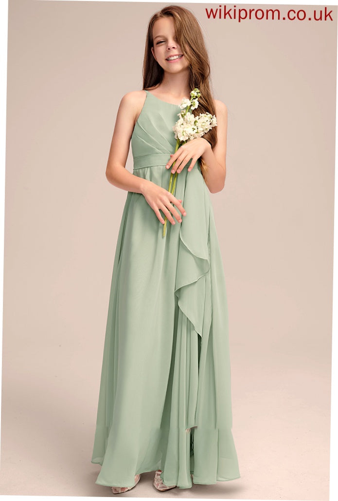 Ruffles Cascading With Junior Bridesmaid Dresses Neck Scoop Floor-Length Chiffon Macie A-Line