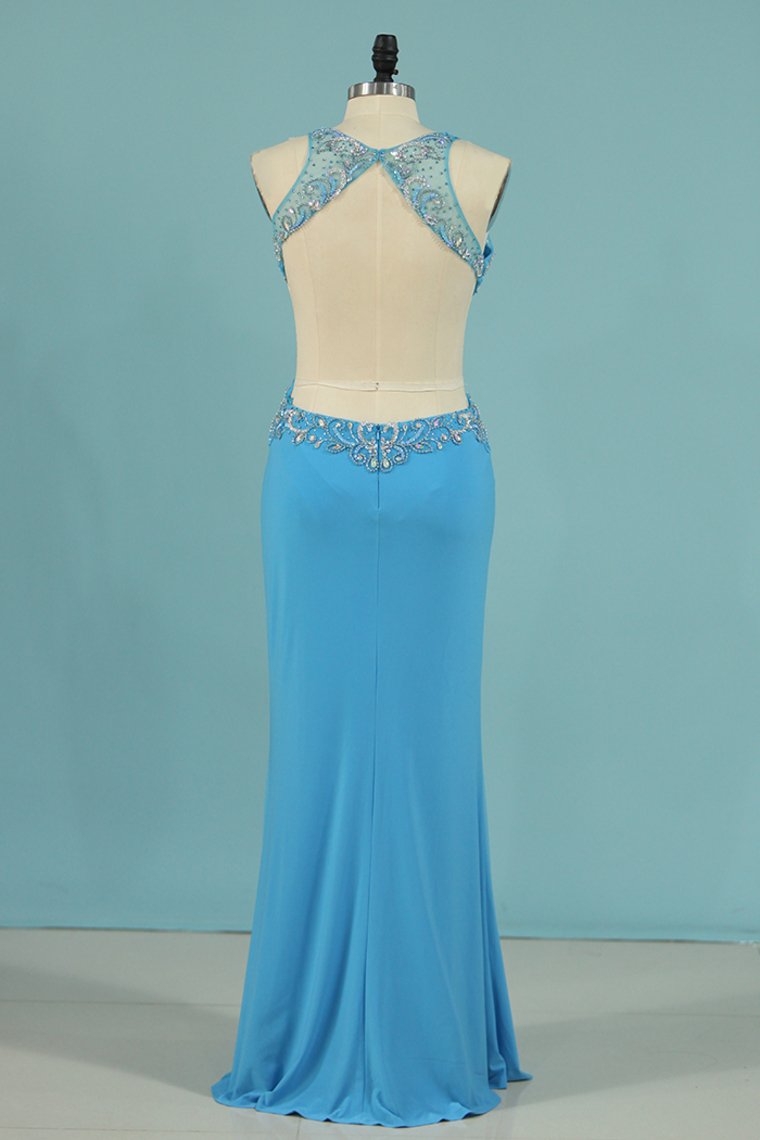 Prom Dresses Scoop Beaded Bodice Spandex Open Back Mermaid