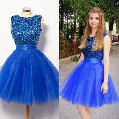 Royal Blue Short Tulle Sleeveless Prom Dress A-line Prom Dresses prom dress for girls BD1242