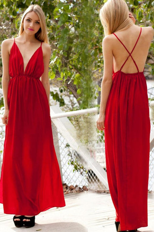 Sexy Open Back Spaghetti Straps A Line Evening Dresses Chiffon