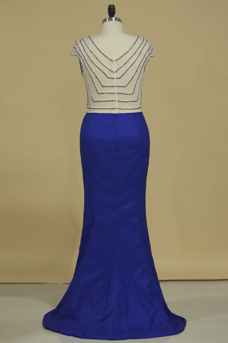 Mermaid V Neck With Beading Prom Dresses Elastic Satin Sweep Train