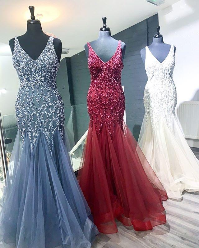 Elegant Mermaid V Neck Straps Tulle Long Prom Dresses Cheap Evening Dresses SWK14975