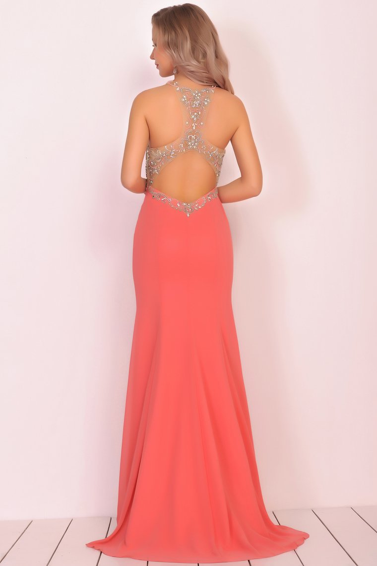 Mermaid Scoop Chiffon Prom Dresses With Beads And Slit