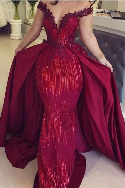 Mermaid Off the Shoulder Burgundy Long Sleeves V Neck Prom Dresses with Detachable Train SWK15263