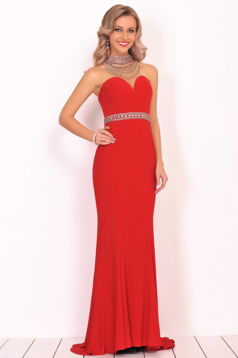 Prom Dresses Mermaid High Neck Spandex With Beading Sweep Train