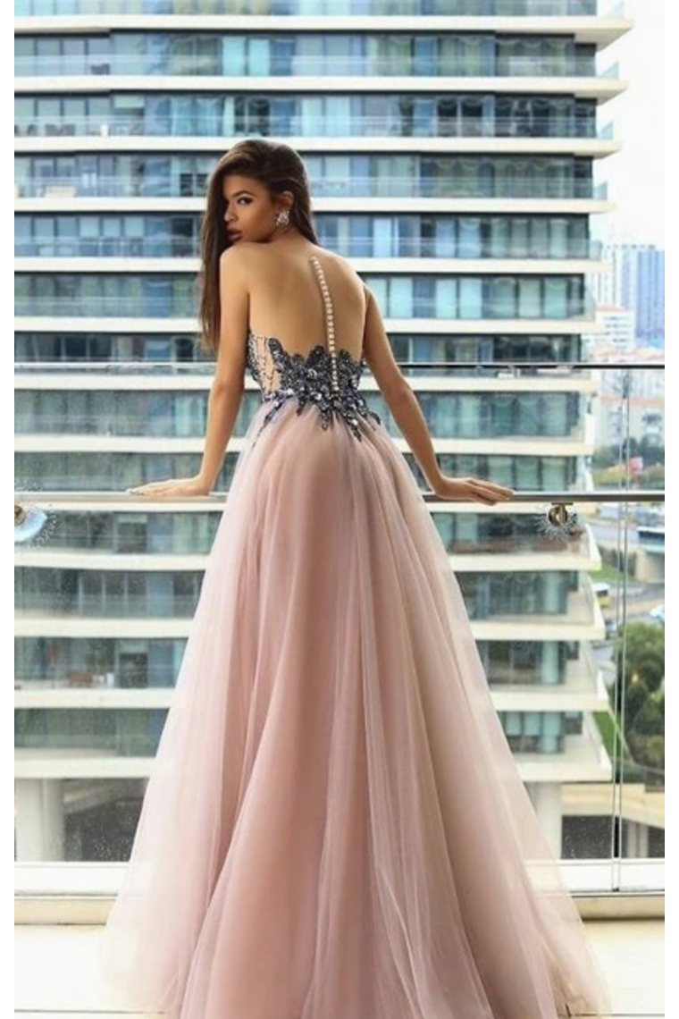 Scoop Prom Dress Tulle Scoop Floor Length Appliques Covered Button