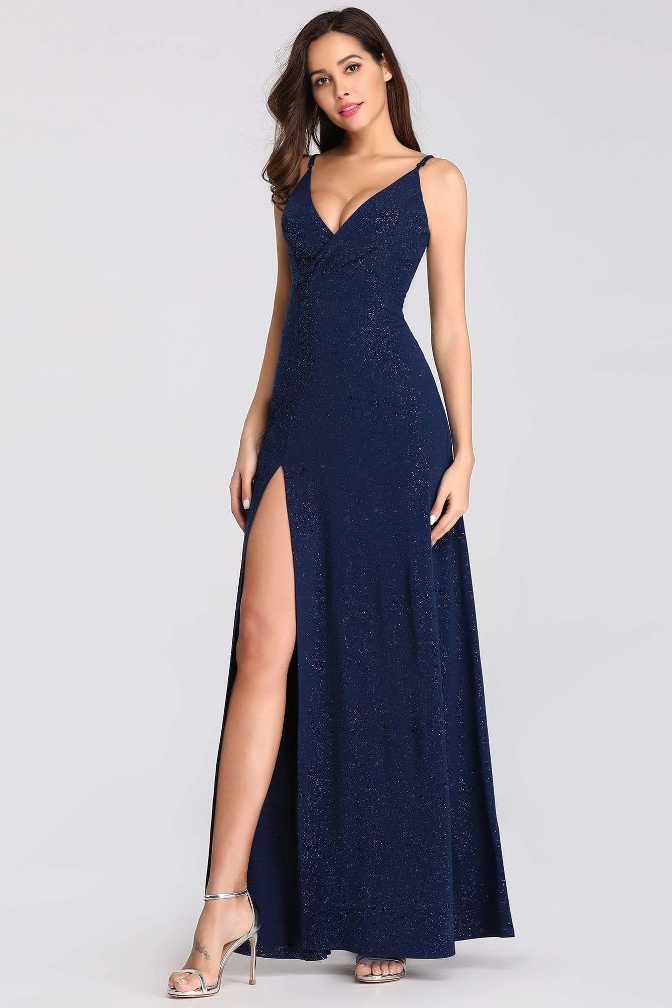 Sexy V Neck Long Spaghetti Straps Mermaid Navy Blue Prom Dresses with High Split SWK15366